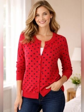 Ellen Tracy Red Sweater with Navy Polka Dots